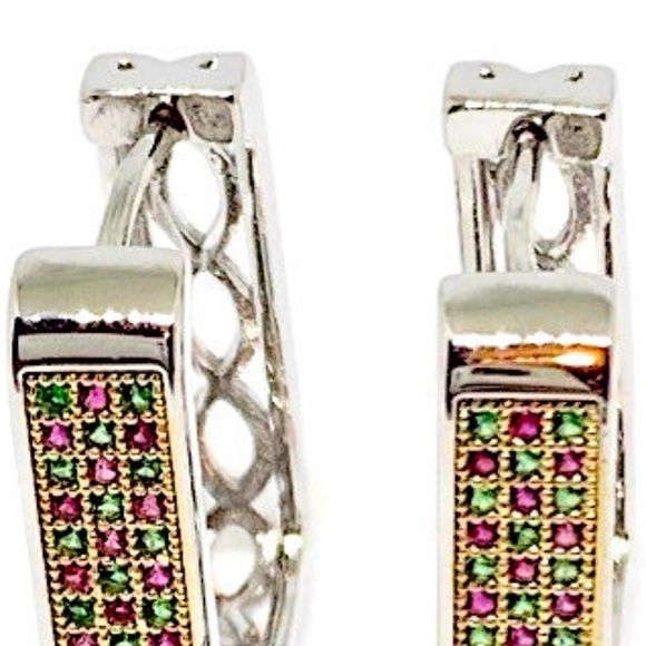 Roma Squares Cz Silver Plated Hoops Earrings - Picture 5 of 5